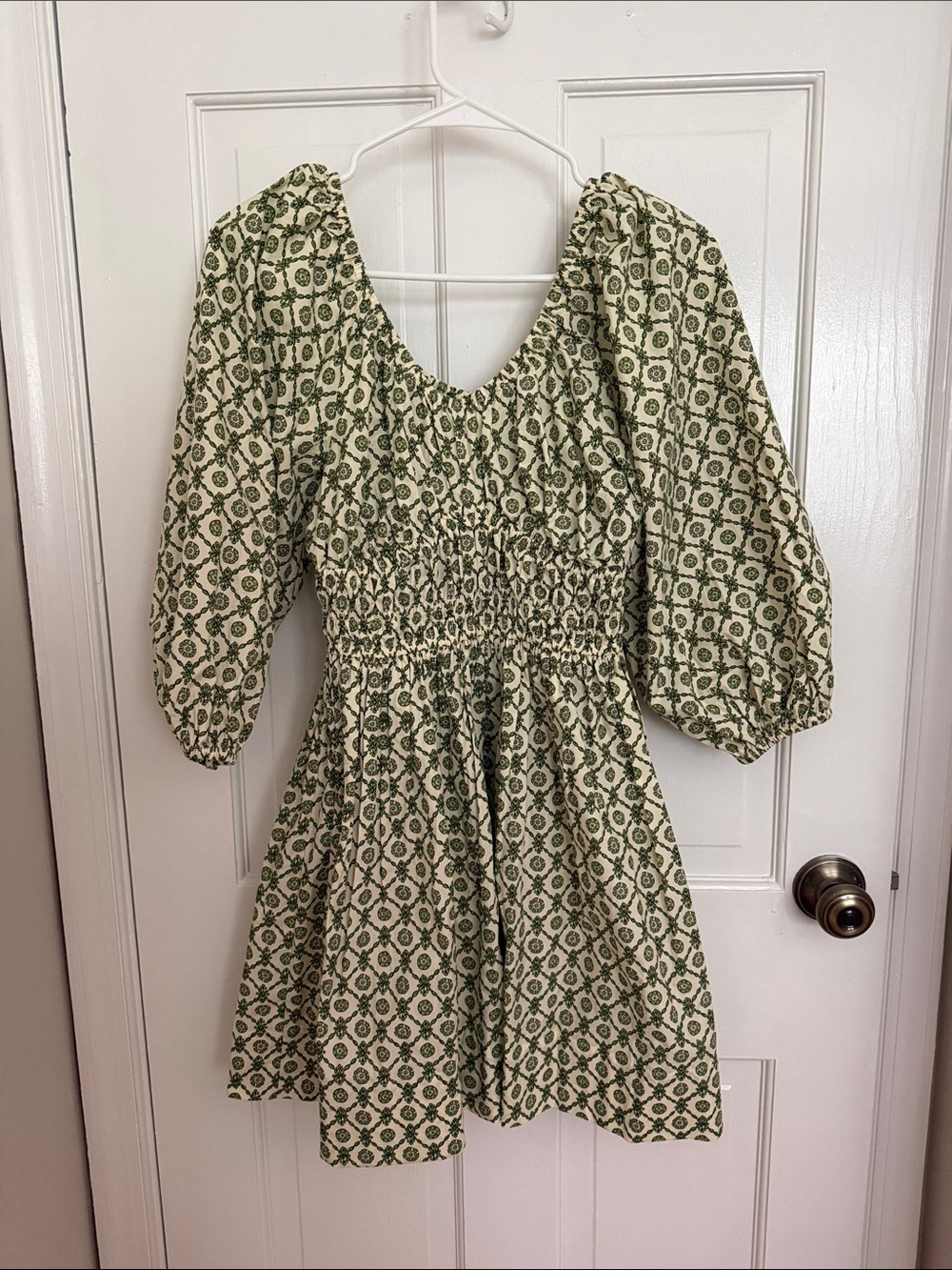 H&M Cream and Green Floral Smocked Mini Dress